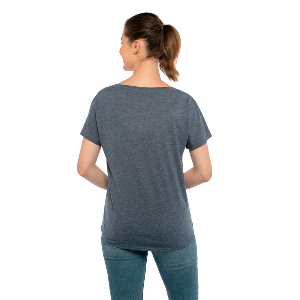 Our Women's Tri-Blend Dolman T-shirt is inspired by loungewear and offers a relaxed, yet feminine fit that is tailored just for her with great movement for maximum comfort. Available in assorted heather colors that give it a soft, vintage
look with premium detailing like a 1x1 Baby Ribbed set-in wide scoop neck with front cover stitching, hemmed Dolman sleeves, side
seams and straight bottom hem.