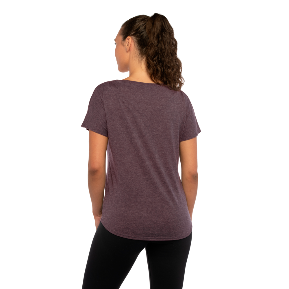 Our Women's Tri-Blend Dolman T-shirt is inspired by loungewear and offers a relaxed, yet feminine fit that is tailored just for her with great movement for maximum comfort. Available in assorted heather colors that give it a soft, vintage
look with premium detailing like a 1x1 Baby Ribbed set-in wide scoop neck with front cover stitching, hemmed Dolman sleeves, side
seams and straight bottom hem.
