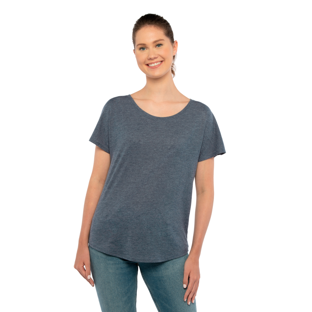Our Women's Tri-Blend Dolman T-shirt is inspired by loungewear and offers a relaxed, yet feminine fit that is tailored just for her with great movement for maximum comfort. Available in assorted heather colors that give it a soft, vintage
look with premium detailing like a 1x1 Baby Ribbed set-in wide scoop neck with front cover stitching, hemmed Dolman sleeves, side
seams and straight bottom hem.