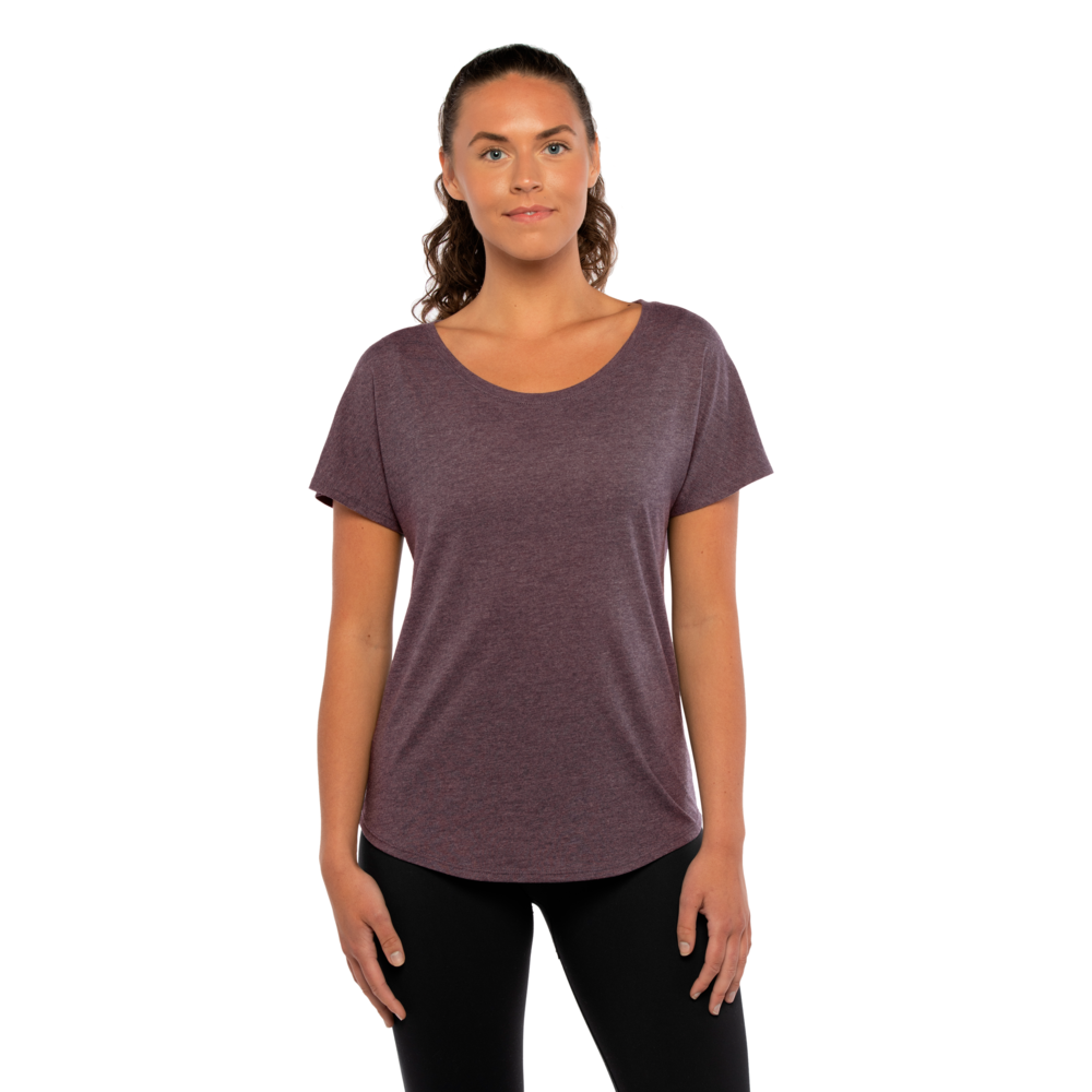 Our Women's Tri-Blend Dolman T-shirt is inspired by loungewear and offers a relaxed, yet feminine fit that is tailored just for her with great movement for maximum comfort. Available in assorted heather colors that give it a soft, vintage
look with premium detailing like a 1x1 Baby Ribbed set-in wide scoop neck with front cover stitching, hemmed Dolman sleeves, side
seams and straight bottom hem.