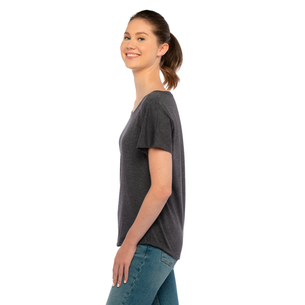Our Women's Tri-Blend Dolman T-shirt is inspired by loungewear and offers a relaxed, yet feminine fit that is tailored just for her with great movement for maximum comfort. Available in assorted heather colors that give it a soft, vintage
look with premium detailing like a 1x1 Baby Ribbed set-in wide scoop neck with front cover stitching, hemmed Dolman sleeves, side
seams and straight bottom hem.