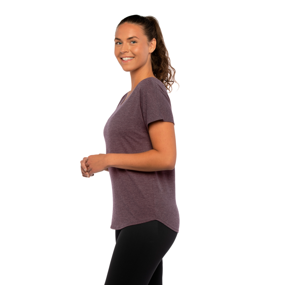 Our Women's Tri-Blend Dolman T-shirt is inspired by loungewear and offers a relaxed, yet feminine fit that is tailored just for her with great movement for maximum comfort. Available in assorted heather colors that give it a soft, vintage
look with premium detailing like a 1x1 Baby Ribbed set-in wide scoop neck with front cover stitching, hemmed Dolman sleeves, side
seams and straight bottom hem.