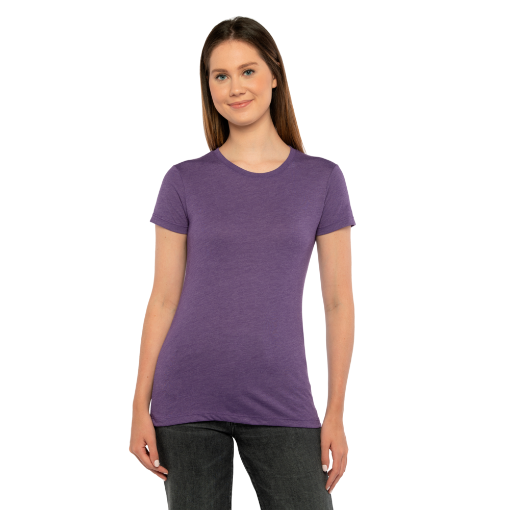 Our Women's Tri-Blend T-shirt is tailored specifically for her with a feminine shape. This T-shirt is about as soft as they come, just like the rest of our Tri-Blend Collection, with a silky hand-feel, great drape, stretch and recovery. It's premium details complete this vintage look with 1x1 Baby Ribbed set-in crew neck with front cover stitching, hemmed sleeves, side seams and a finished straight bottom hem.