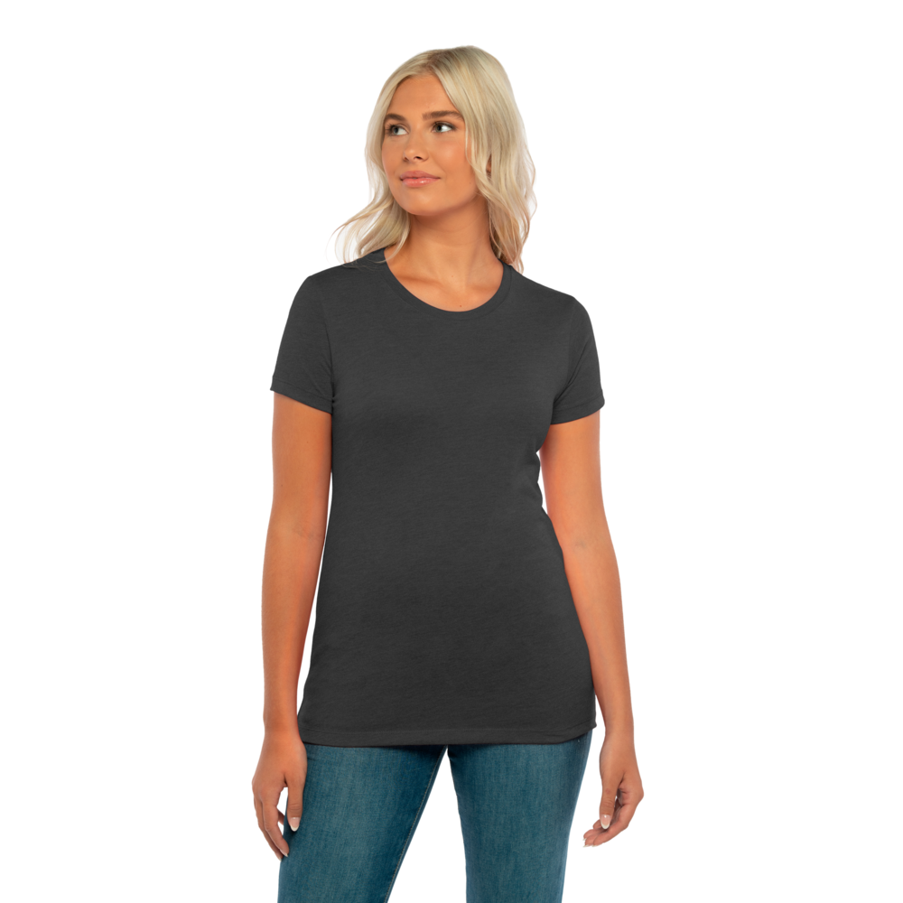 Our Women's Tri-Blend T-shirt is tailored specifically for her with a feminine shape. This T-shirt is about as soft as they come, just like the rest of our Tri-Blend Collection, with a silky hand-feel, great drape, stretch and recovery. It's premium details complete this vintage look with 1x1 Baby Ribbed set-in crew neck with front cover stitching, hemmed sleeves, side seams and a finished straight bottom hem.
