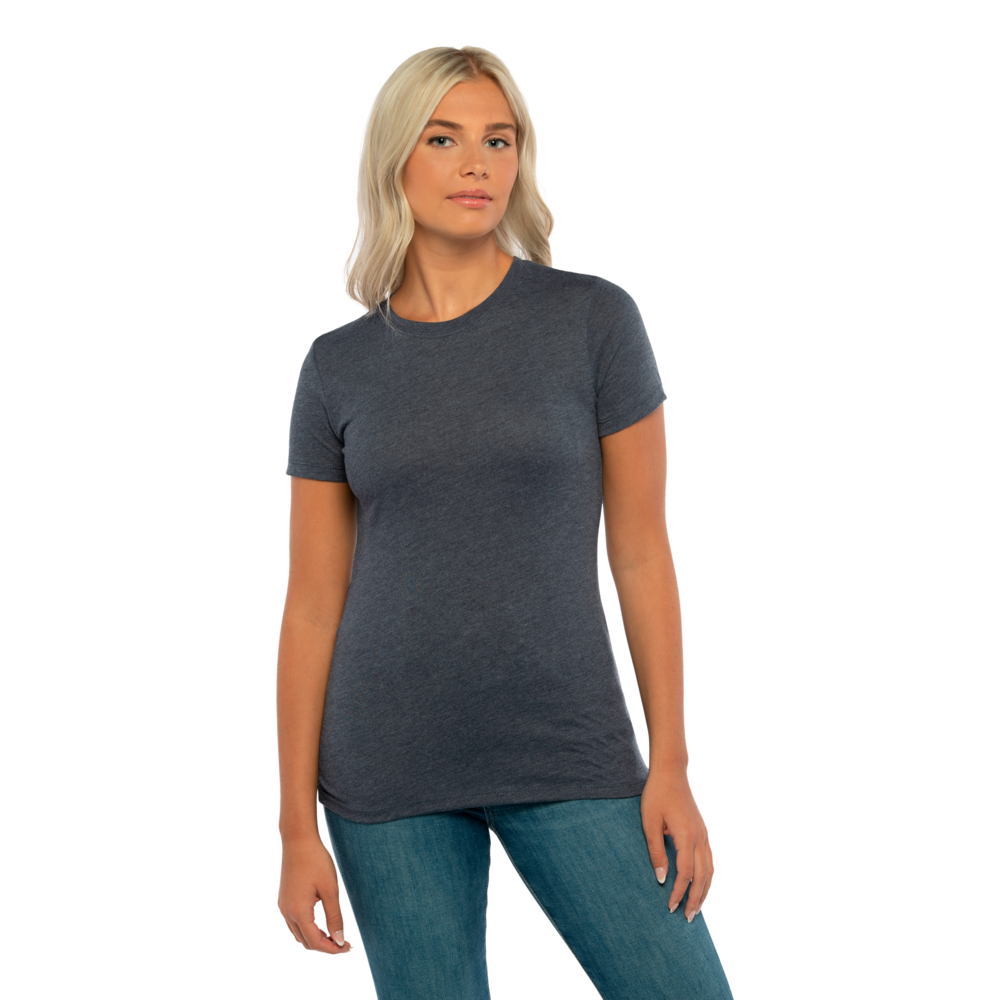 Our Women's Tri-Blend T-shirt is tailored specifically for her with a feminine shape. This T-shirt is about as soft as they come, just like the rest of our Tri-Blend Collection, with a silky hand-feel, great drape, stretch and recovery. It's premium details complete this vintage look with 1x1 Baby Ribbed set-in crew neck with front cover stitching, hemmed sleeves, side seams and a finished straight bottom hem.