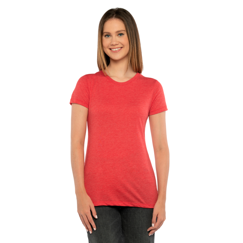 Our Women's Tri-Blend T-shirt is tailored specifically for her with a feminine shape. This T-shirt is about as soft as they come, just like the rest of our Tri-Blend Collection, with a silky hand-feel, great drape, stretch and recovery. It's premium details complete this vintage look with 1x1 Baby Ribbed set-in crew neck with front cover stitching, hemmed sleeves, side seams and a finished straight bottom hem.