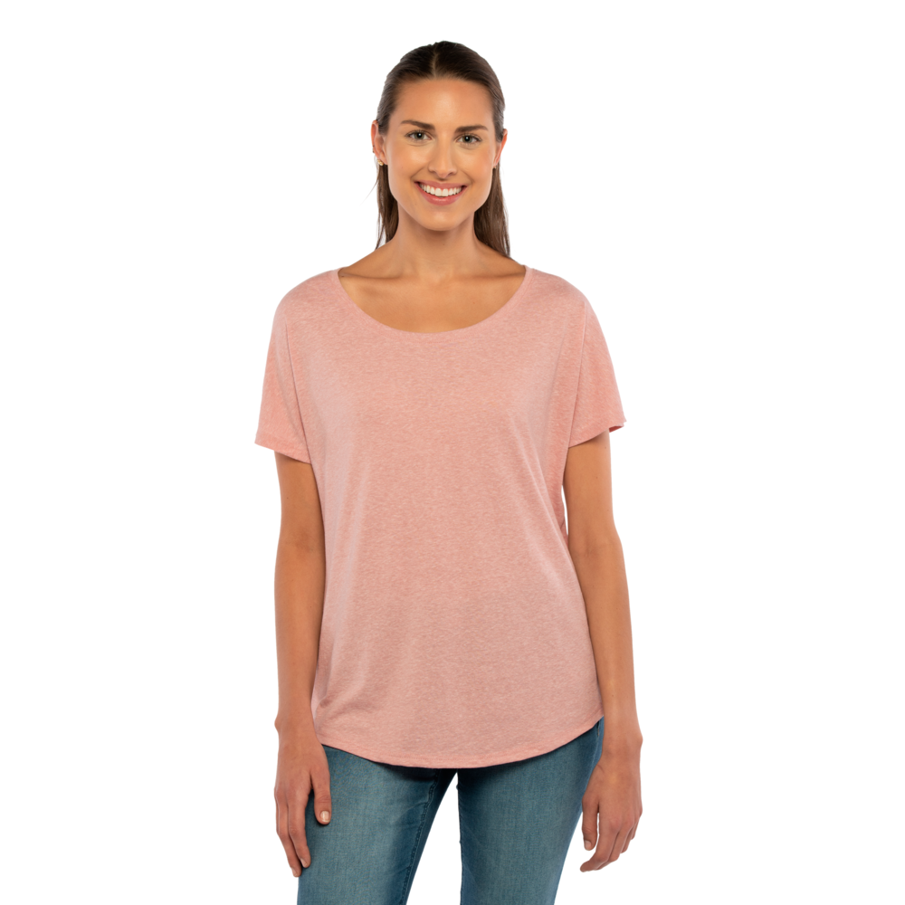 Our Women's Tri-Blend Dolman T-shirt is inspired by loungewear and offers a relaxed, yet feminine fit that is tailored just for her with great movement for maximum comfort. Available in assorted heather colors that give it a soft, vintage
  look with premium detailing like a 1x1 Baby Ribbed set-in wide scoop neck with front cover stitching, hemmed Dolman sleeves, side
 seams and straight bottom hem.