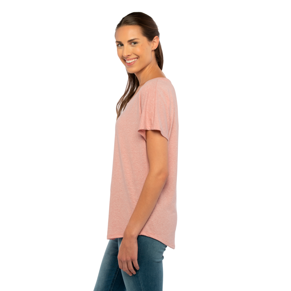 Our Women's Tri-Blend Dolman T-shirt is inspired by loungewear and offers a relaxed, yet feminine fit that is tailored just for her with great movement for maximum comfort. Available in assorted heather colors that give it a soft, vintage
  look with premium detailing like a 1x1 Baby Ribbed set-in wide scoop neck with front cover stitching, hemmed Dolman sleeves, side
 seams and straight bottom hem.