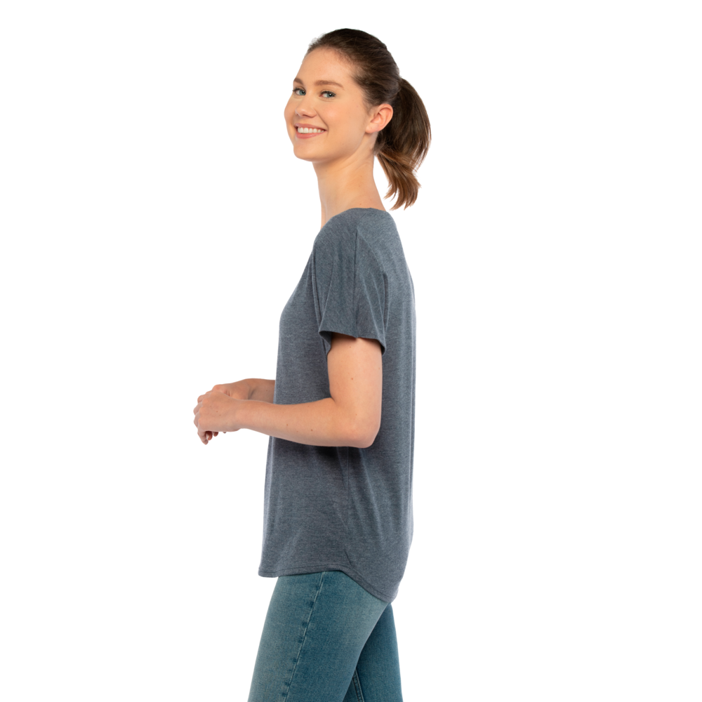 Our Women's Tri-Blend Dolman T-shirt is inspired by loungewear and offers a relaxed, yet feminine fit that is tailored just for her with great movement for maximum comfort. Available in assorted heather colors that give it a soft, vintage
  look with premium detailing like a 1x1 Baby Ribbed set-in wide scoop neck with front cover stitching, hemmed Dolman sleeves, side
 seams and straight bottom hem.