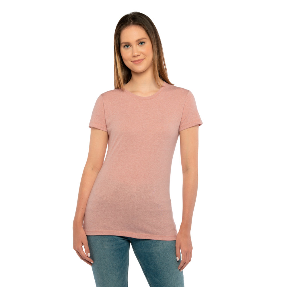 Our Women's Tri-Blend T-shirt is tailored specifically for her with a feminine shape. This T-shirt is about as soft as they come, just like the rest of our Tri-Blend Collection, with a silky hand-feel, great drape, stretch and recovery. It's premium details complete this vintage look with 1x1 Baby Ribbed set-in crew neck with front cover stitching, hemmed sleeves, side seams and a finished straight bottom hem.