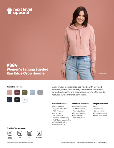 A streetwear-inspired cropped hoodie with elevated
softness, thanks to its buttery sueded face that offers
smooth printability and exceptional comfort. The interior
features our cozy French terry fabric.